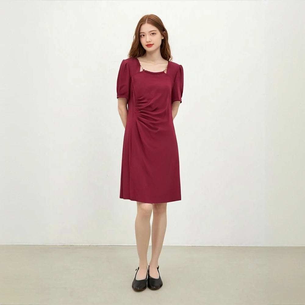 L 2078高级气质法式开叉褶皱连衣裙