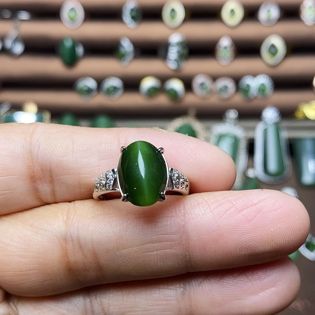 吊坠(不含链)银S925镶嵌和田玉（碧玉）戒指