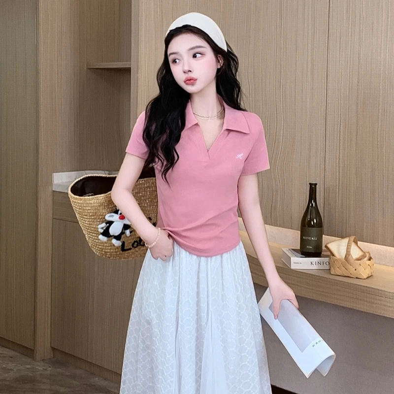 拉夏贝尔修身粉色polo领短袖T恤女夏季2025新款休闲小衫短款上衣