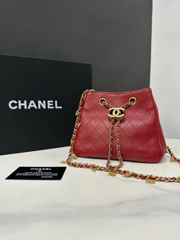 95新 Chanel/香奈儿 埃及红金抽绳水桶包28开卡18cm/0075070304