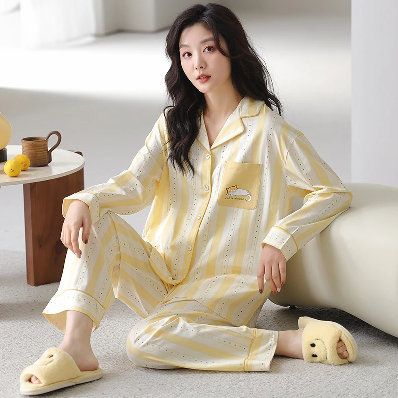 莉莉家睡衣女士宽松加厚纯棉黄色条纹小猫长袖开衫款家居套装秋冬