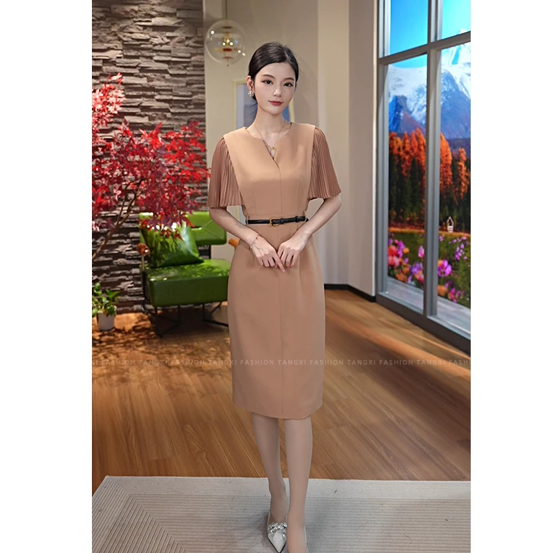 2025夏季新款【TX-8010】轻奢肉桂色显白气质百褶袖遮肉连衣裙