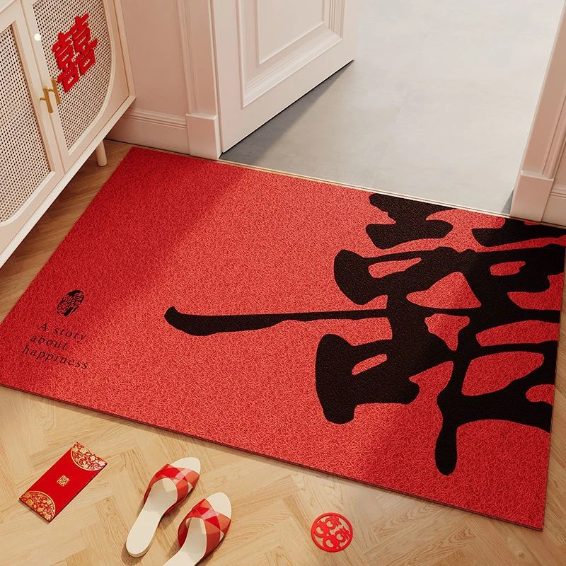 加厚结婚入户门地垫丝圈门垫喜庆进门防滑垫婚房红色地毯可裁剪垫