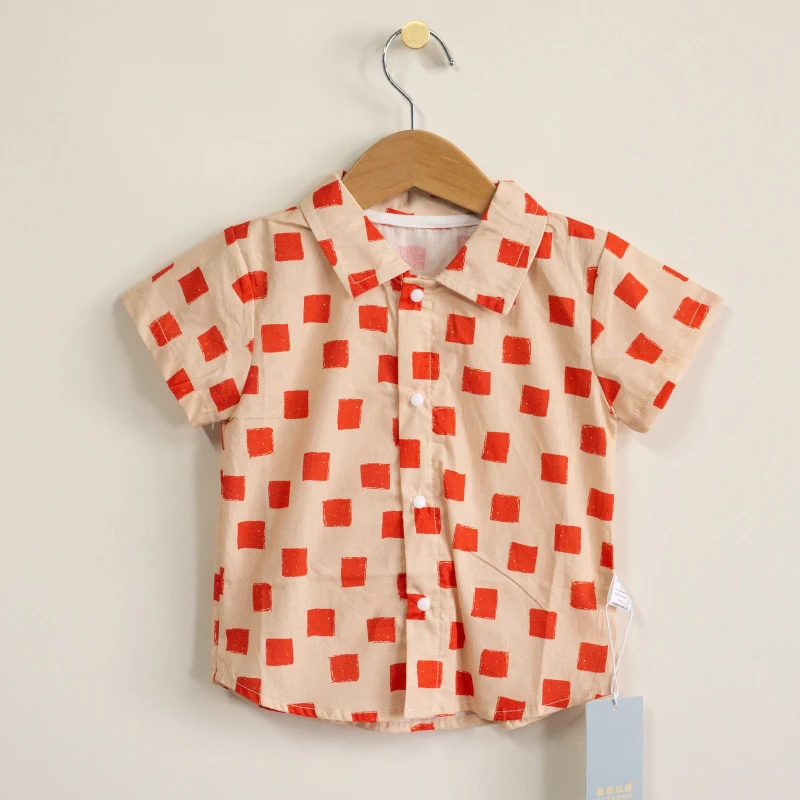 1566- 红色方块-衬衣-纯棉100棉