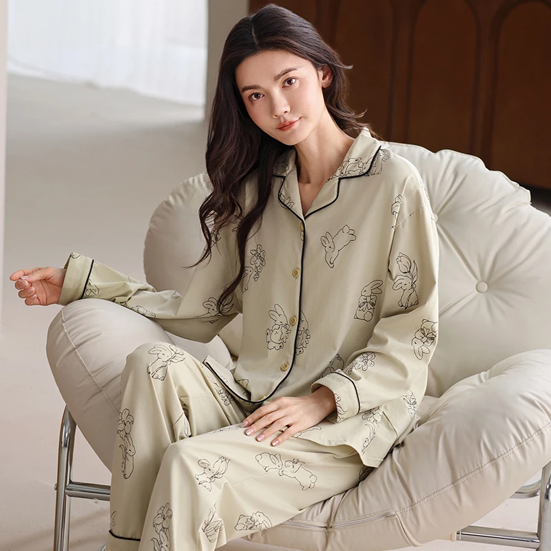 2025新款莉莉女士加厚纯棉兔子花园开衫长袖睡衣家居服套装可外穿