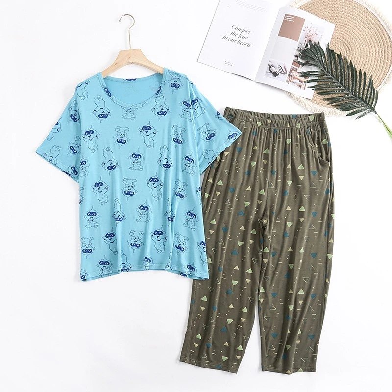 女夏印花柔软舒适加肥加大码宽松休闲居家短袖八分裤AB套服