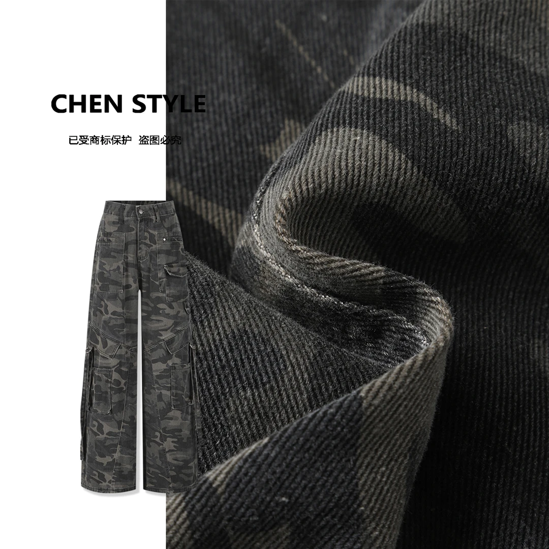 楚楚君~【暗纹迷彩】K31156春款美式迷彩水洗伞兵阔腿街头工装裤