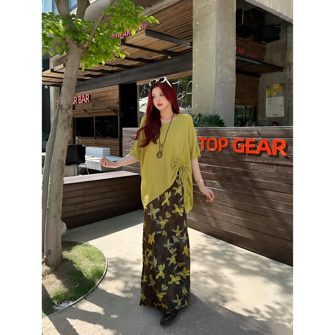 Xiaix【黑暗月光】不规则下摆抽绳开叉纯色冰丝短袖T恤MS250327现