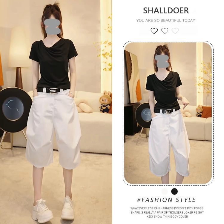 网红潮流时尚套装女夏季新款荡领正肩短袖t恤休闲五分短裤两件套