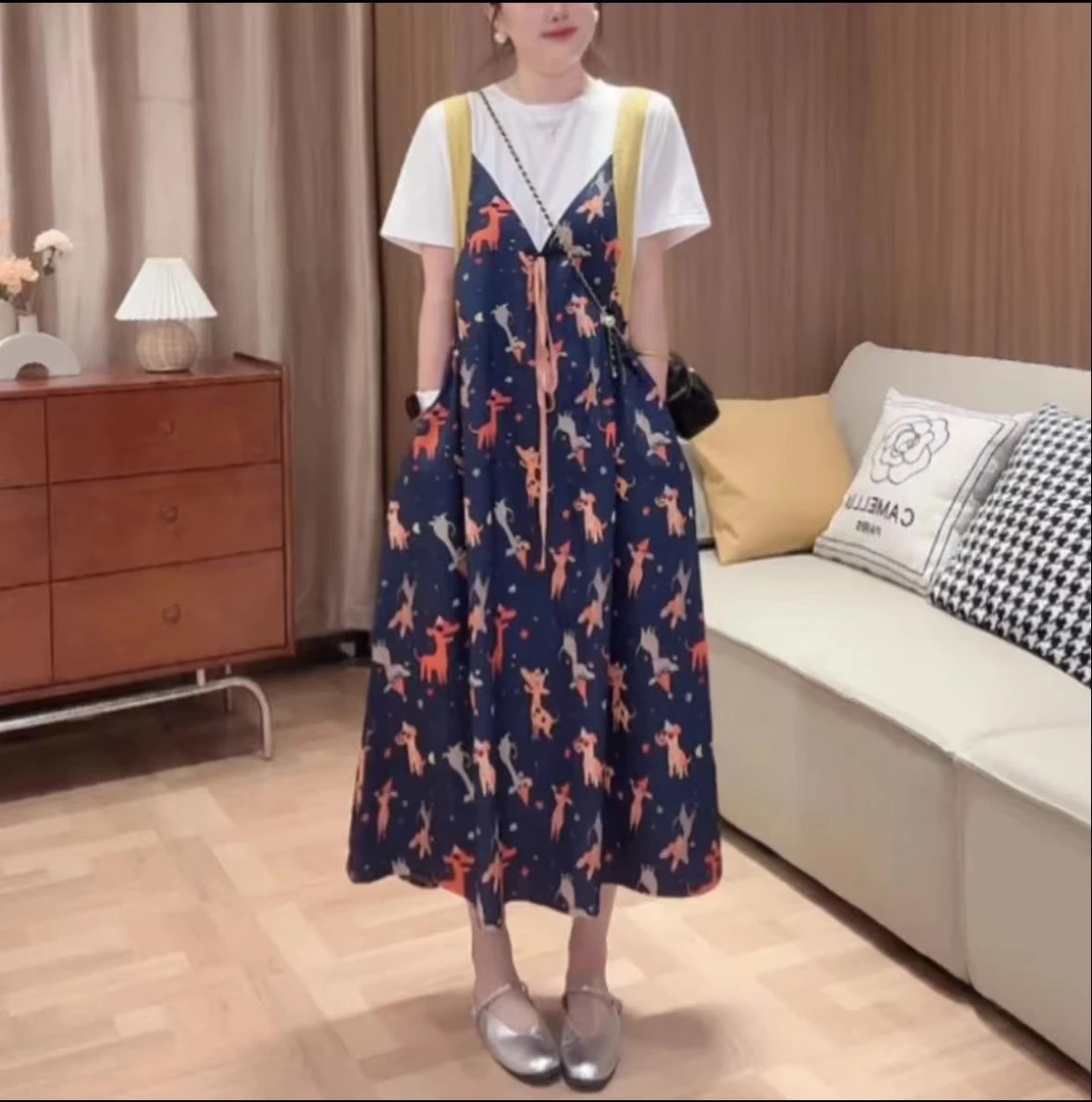 【晴儿家】夏季新款时尚假两件短袖印花韩版宽松显瘦连衣裙3709