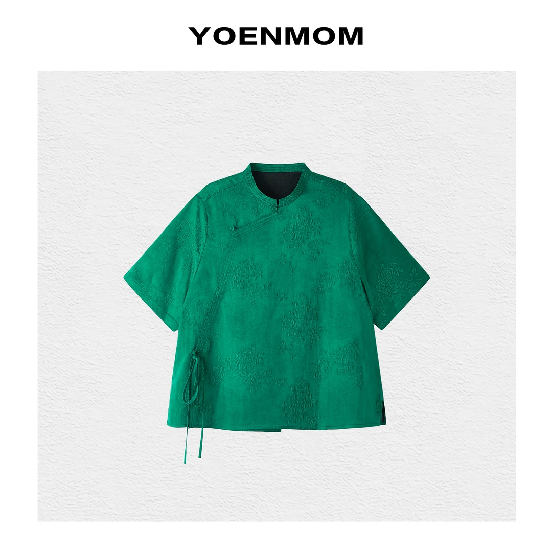 YOENMOM·绿波清影·100桑蚕丝泥染香云纱立体浮雕提花显白斜襟上衣