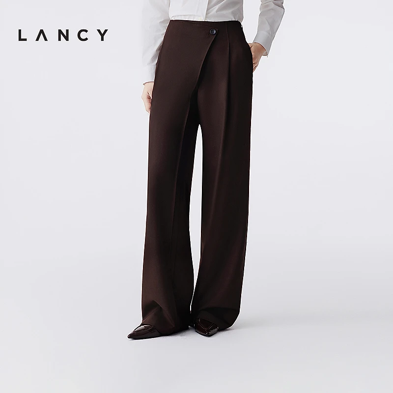 LANCY/朗姿2025冬新款高级感羊毛高腰阔腿西装裤女设计感通勤长裤