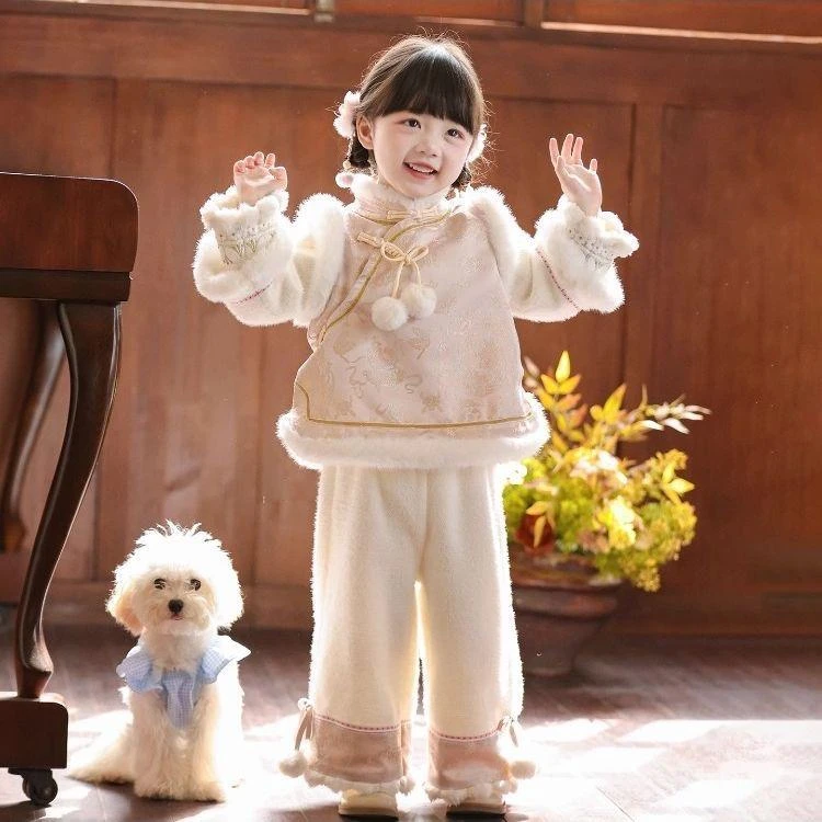 汉服女童新中式冬季套装2025新款古装儿童加绒加厚唐装宝宝过年服
