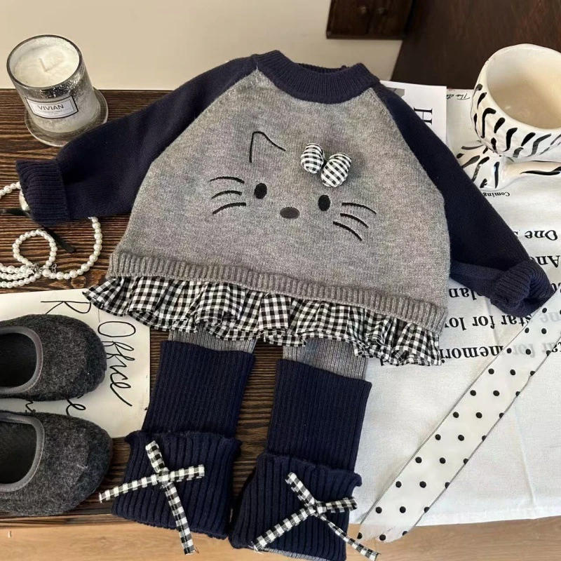 新疆西藏包邮韩版童装2025新款秋季女童卡通拼色毛衣儿童堆堆袜打
