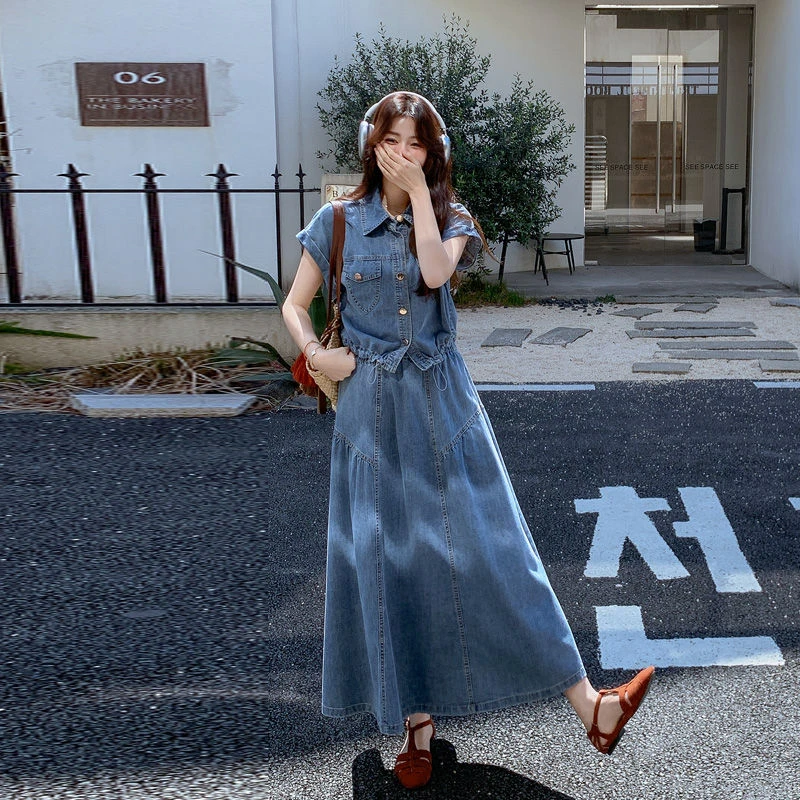 蓝色复古牛仔套装裙女2025夏季新款韩系休闲减龄衬衫半身裙两件套