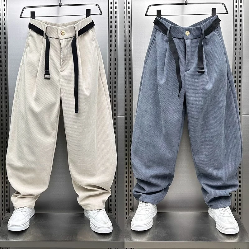 秋冬加绒纯色灯芯绒男弯刀裤宽松个性腰带直筒休闲裤美式复古长裤