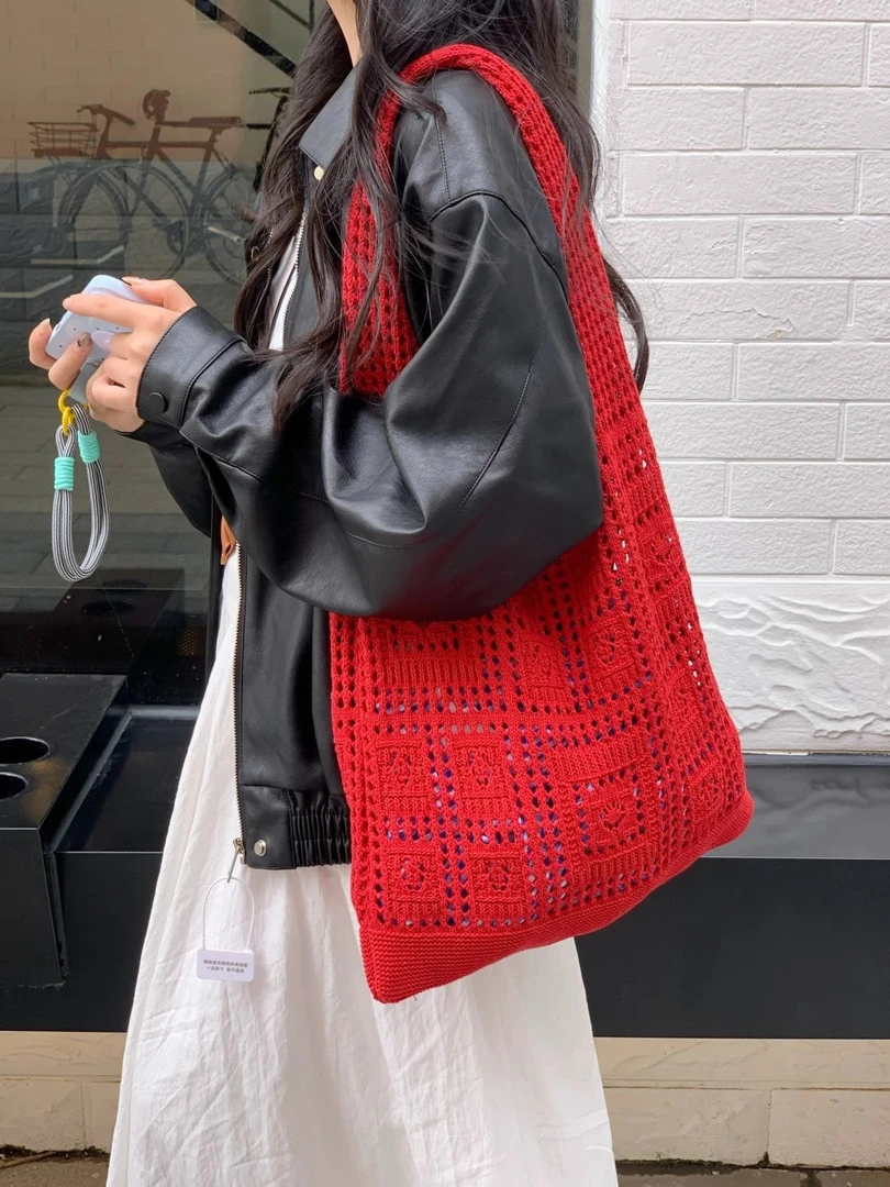 宁静的夏天 假日出游针织单肩包包 复古网眼镂空手拎包简约编织包