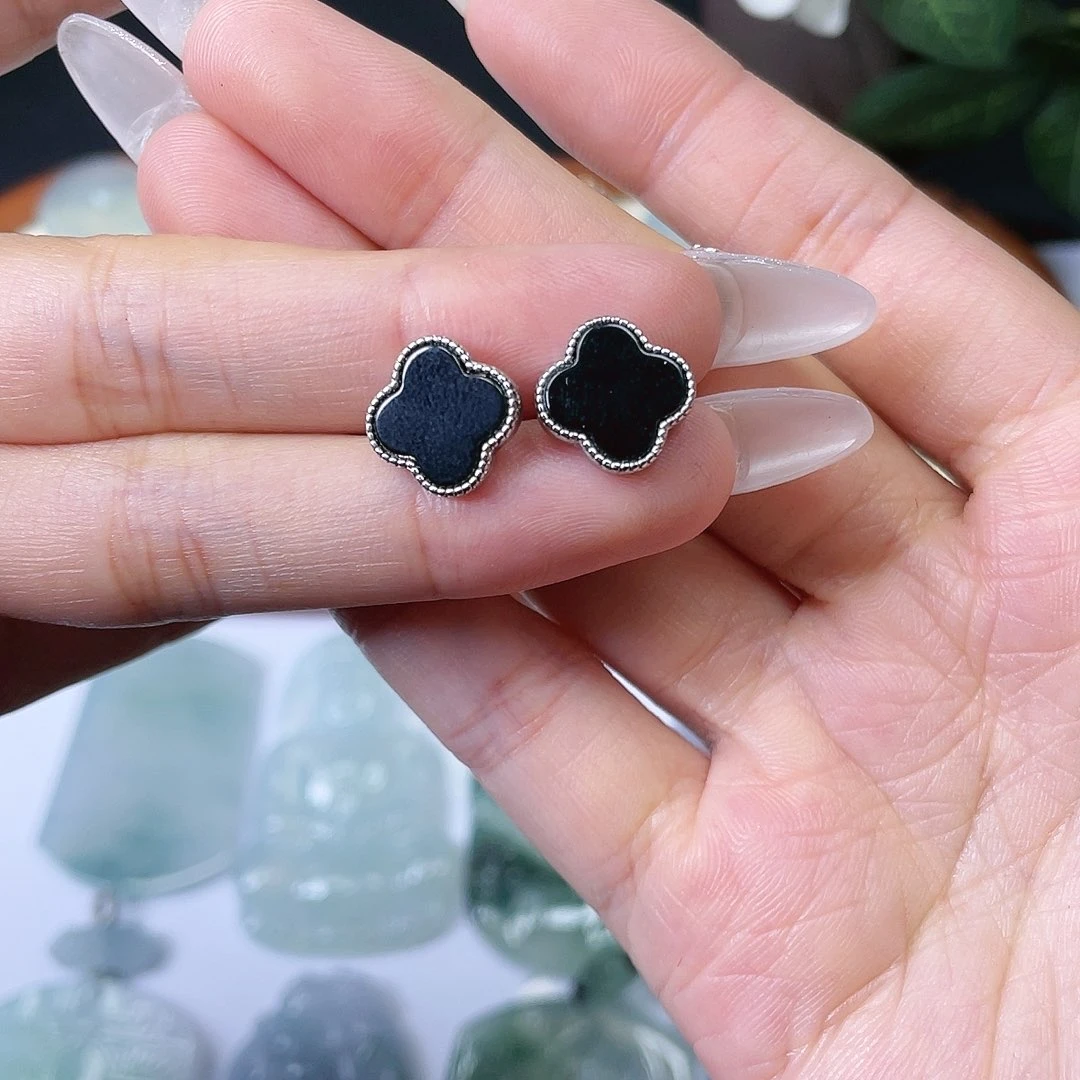 翡翠耳饰银S925镶嵌墨翠耳钉