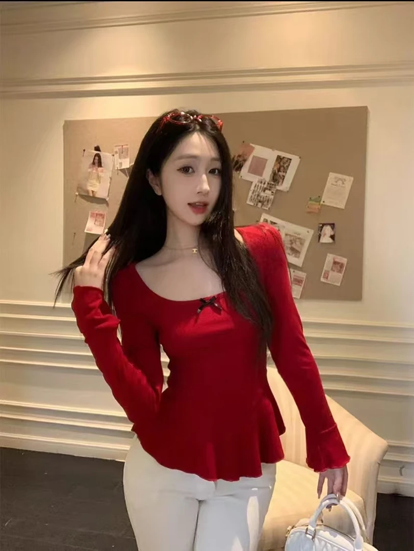 微胖大码胖mm 法式蝴蝶结u领长袖女小香风显瘦气质喇叭袖上衣