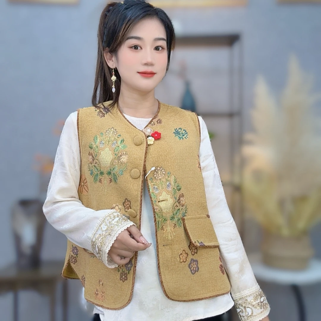 中式复古时尚小香风毛呢马甲民族风唐装百搭提花上衣外搭