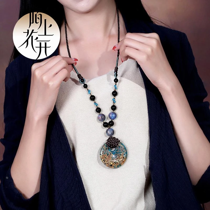 合金布艺项链 国风百搭民族风毛衣链子项链长版百搭琉璃手工编织