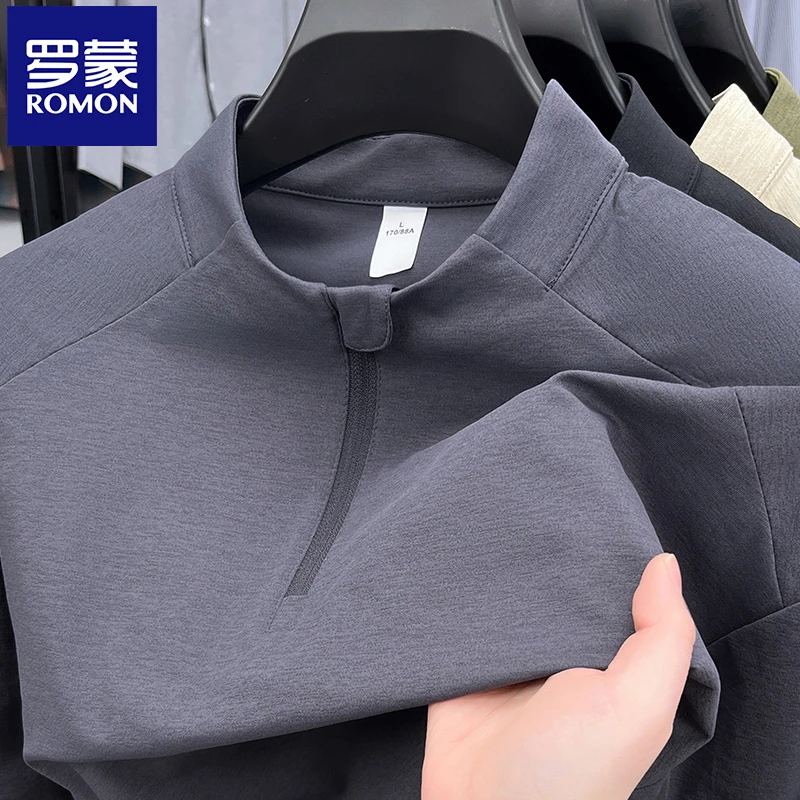 罗蒙新款纯色打底衫男春秋休闲拉链T恤男款时尚长袖薄款上衣立领