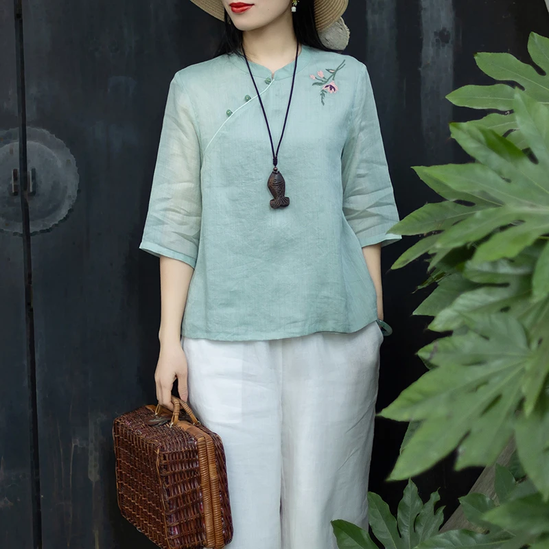 念江南原创苎麻棉麻五分袖新中式衬衫女国风立领斜襟小衫上衣