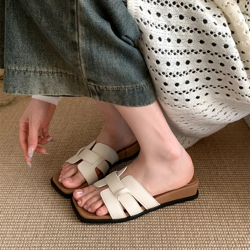 法式复古方头厚底凉拖鞋2025年夏季外穿软底百搭一字拖鞋