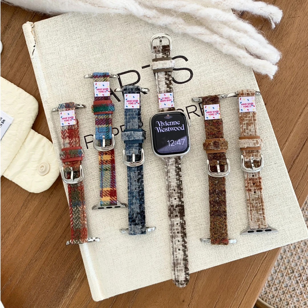 适用iwatchS11苹果手表S10女款S9高级细款毛呢秋冬SE皮质S8表带