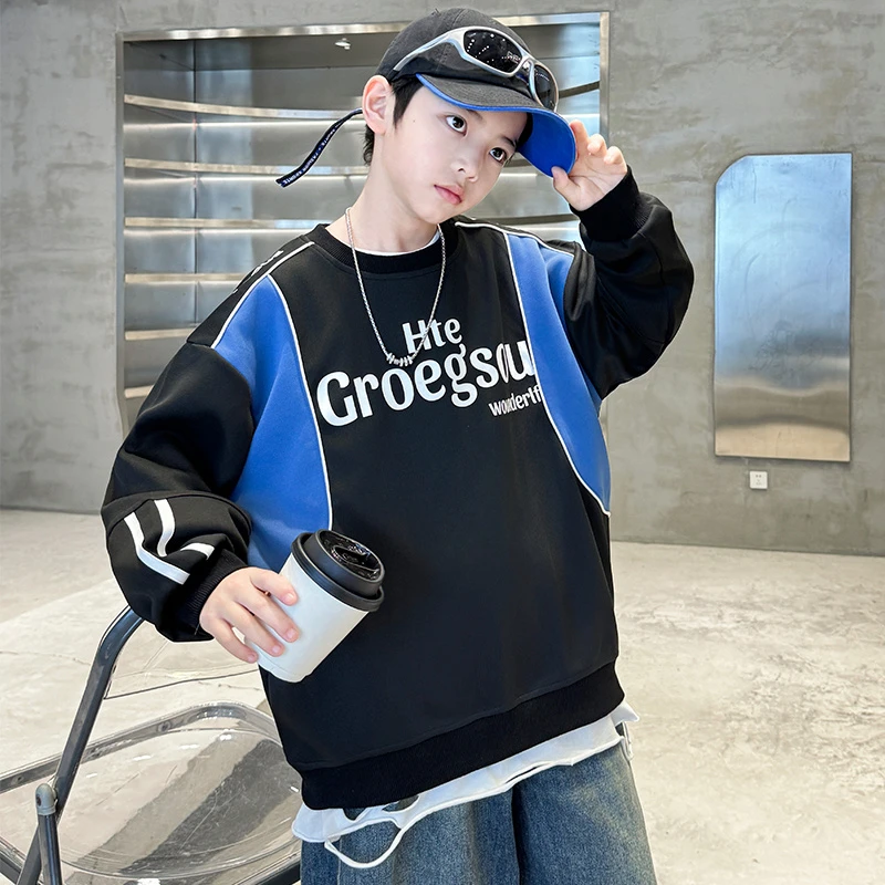 男童卫衣春秋款2025新款中大男孩秋季时髦帅气儿童圆领打底衣服潮