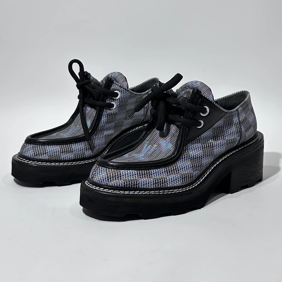 95新 LouisVuitton/路易威登 36码 蓝黑系带厚底乐福鞋/ML80253