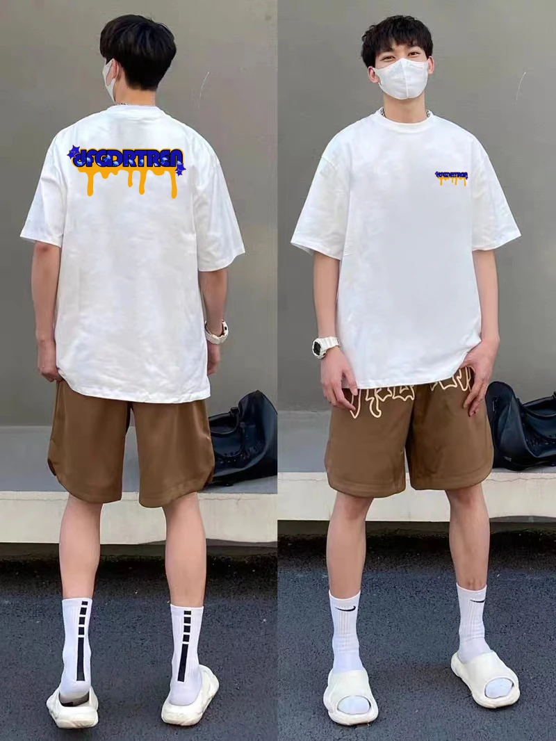 新款设计感高级印花ins圆领短袖t恤男夏季宽松纯棉百搭打底上衣