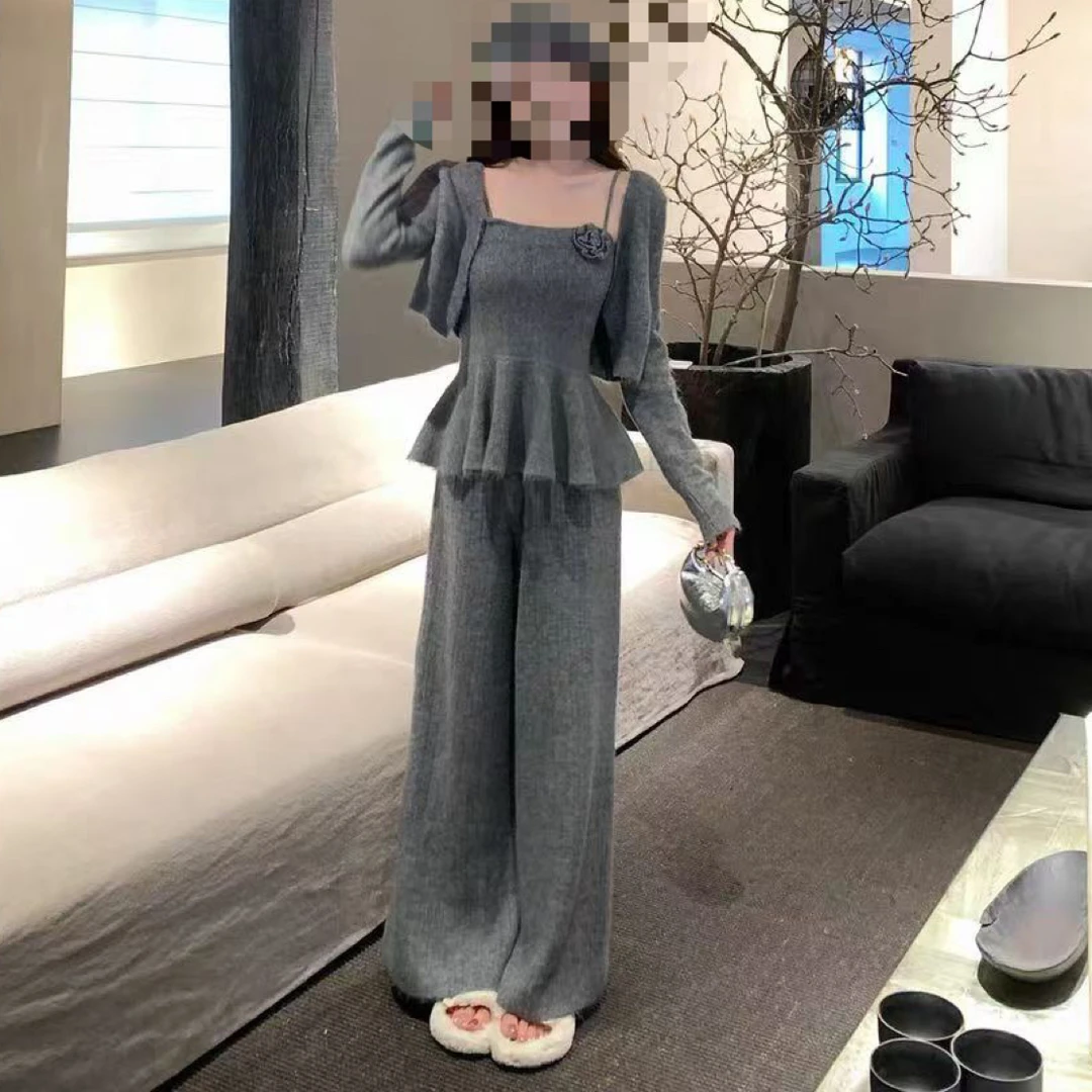 韩系小香风立体花收腰吊带背心长袖开衫高腰阔腿长裤针织三件套女