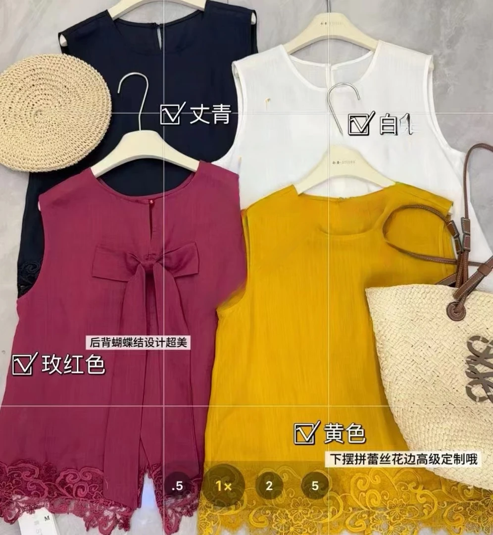 8599欧洲站圆领净面拼接蕾丝下摆无袖后背蝴蝶结打底上衣