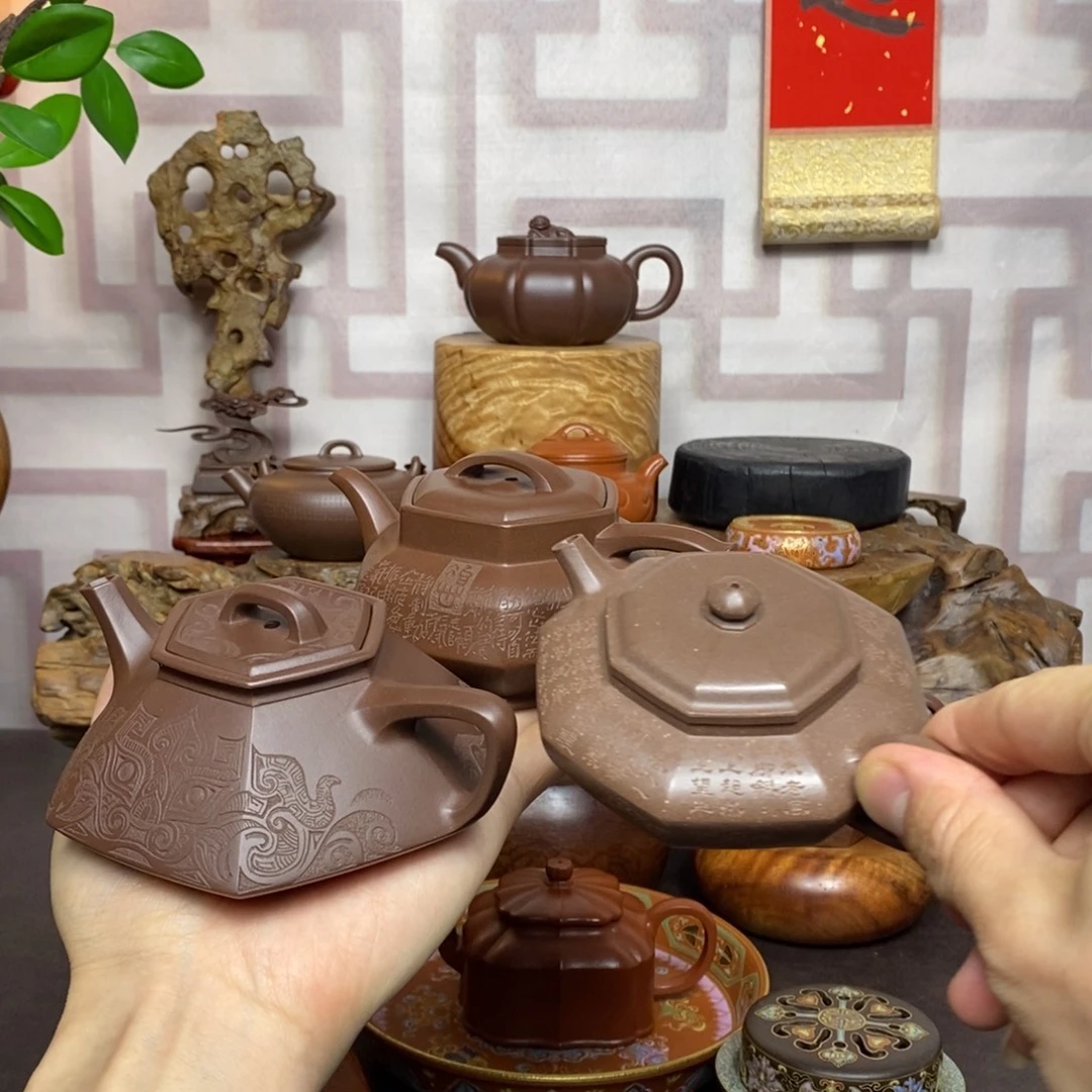 茶壶紫砂紫砂茶具老紫泥八面玲珑等三把
