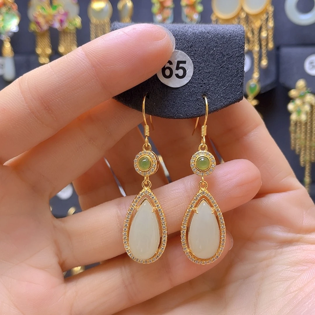 和田玉银S925镀金镶嵌耳饰