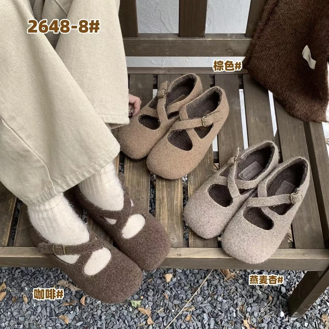 交叉带款呢子加绒平底单鞋 NO退NO换~默认微瑕 完美主义慎拍