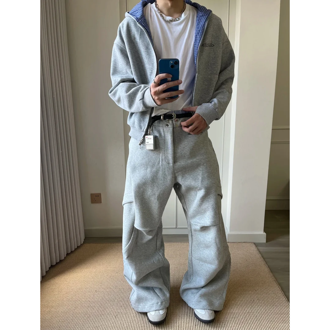 美式简约字母图标印花灰色蓝格连帽卫衣外套秋冬宽松连帽开衫上衣