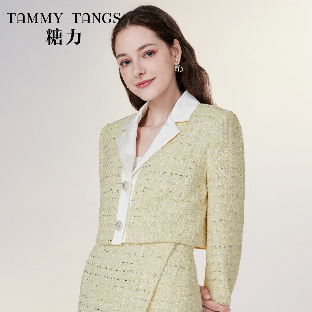 【老板娘夏天】糖力 撞色摩登千金风精致水晶钻扣小香风外套女短款