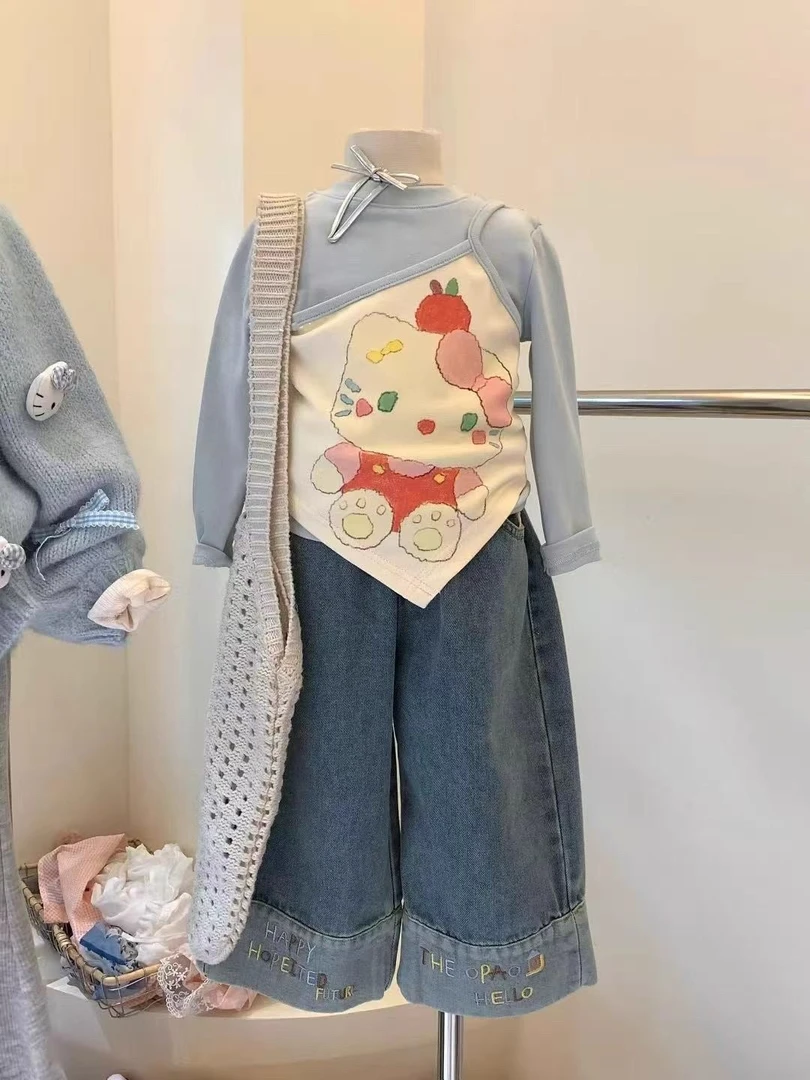 女童kt猫长袖t恤秋装2025韩女孩斜肩吊带打底衫假2件上衣叠穿套装