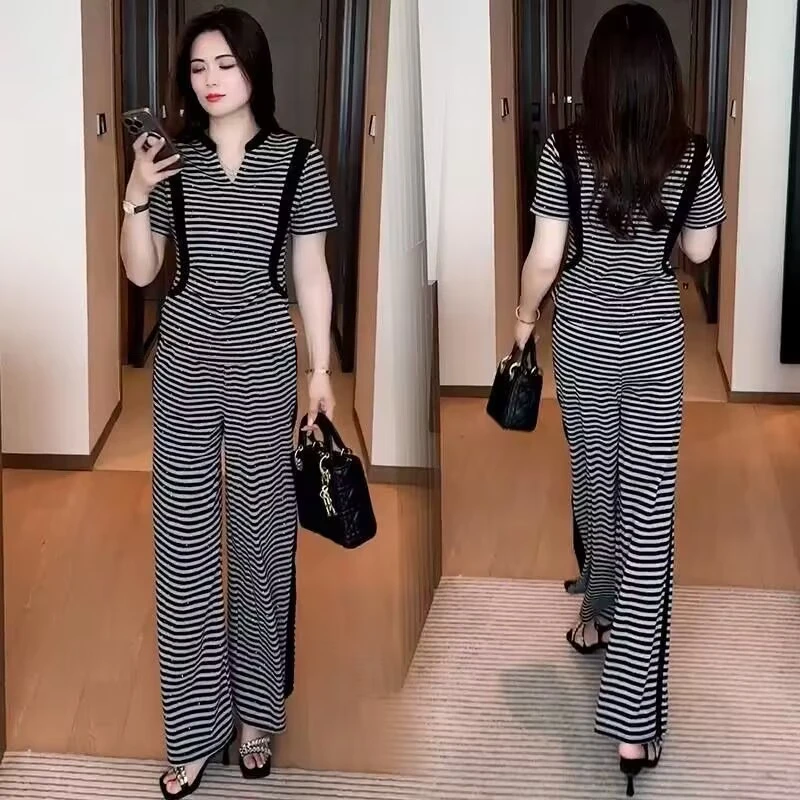 夏季大码女装休闲套装200斤胖mm宽松显瘦条纹妈妈装运动服两件套