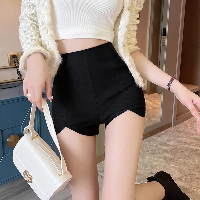 热裤外穿女团短裤热辣紧身新款显瘦不规则弹力高腰秋季黑色女2023