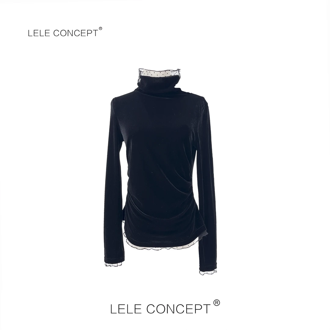 LELE CONCEPT丨【超】拼接蕾丝高领丝绒衫S0804