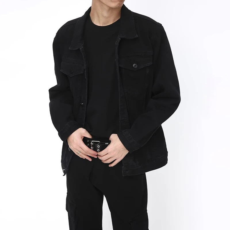 Voguo Relay 秋季新品 韩版纯色黑色长袖牛仔外套帅气夹克 男女