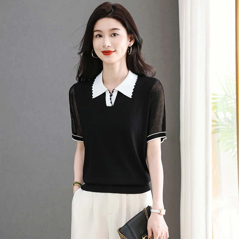 冰丝短袖t恤女士夏装薄款镂空翻领上衣宽松大码遮肚假两件针织衫