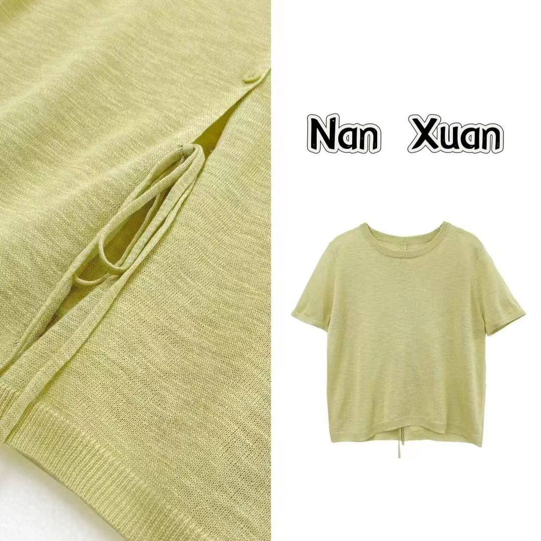 【南萱】【奶绿】 设计款百搭圆领后背开叉短袖针织衫5XZBS9479
