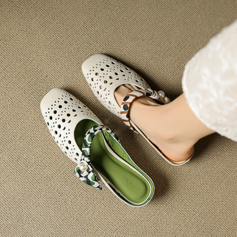 拖鞋女鞋外穿明星同款百搭鞋子仙女风丝带装饰包头半拖真皮穆勒鞋