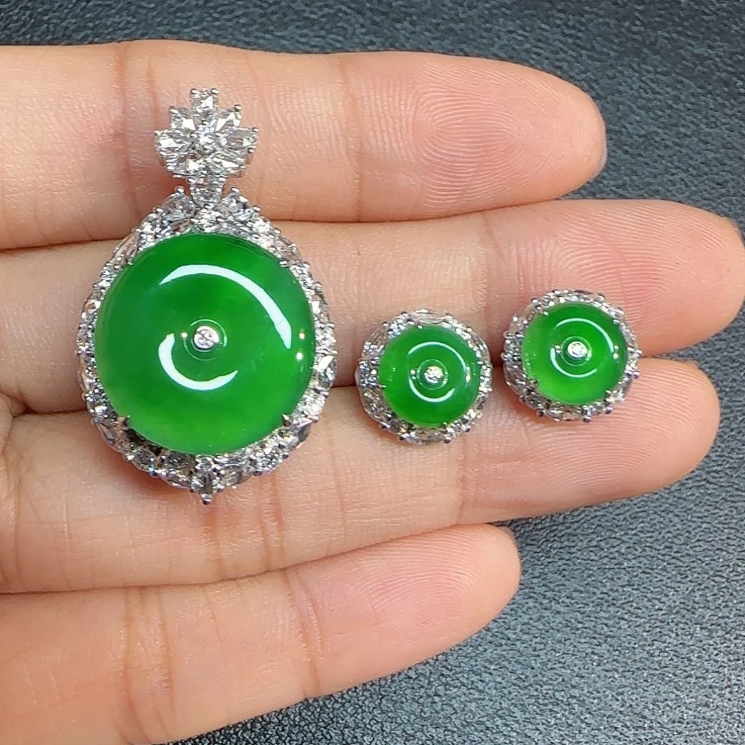 翡翠18K金镶嵌吊坠(不含链)平安扣吊坠耳钉套装