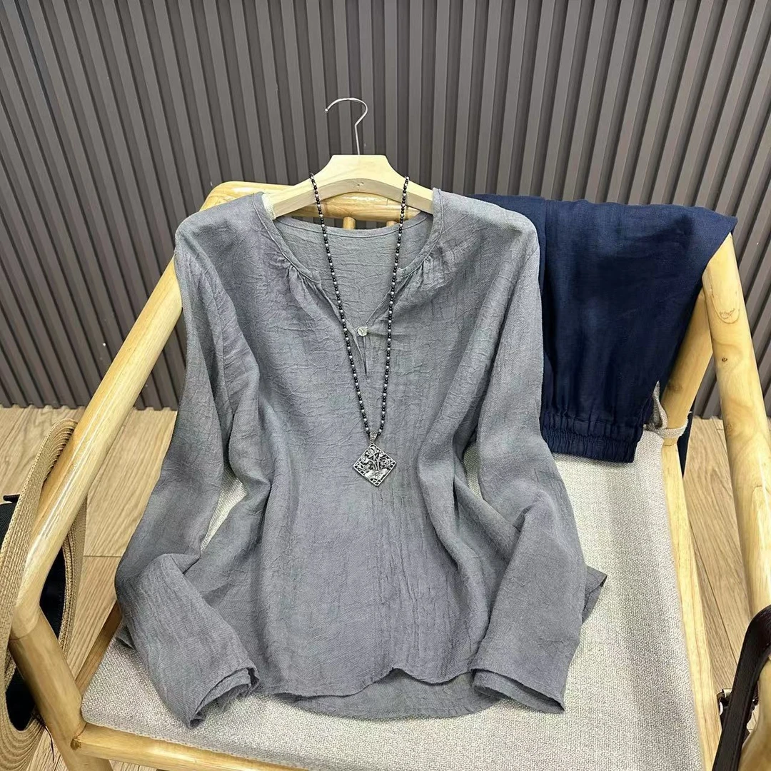 天丝苎麻V领套头肌理感衬衫纯色文艺复古宽松百搭上衣女C6022a