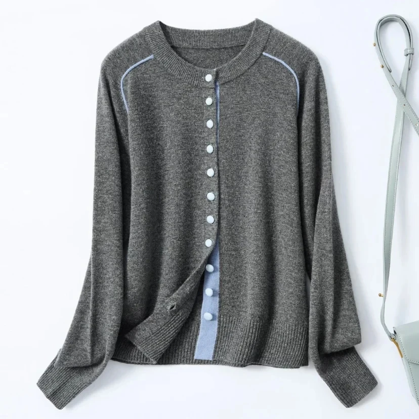 【100%绵羊毛】法式撞色嵌条圆领针织通勤单排扣羊毛衫 8205